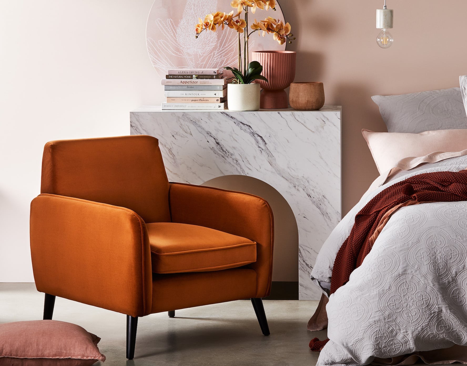adairs portland armchair burnet orange velvet armchair in pink bedroom