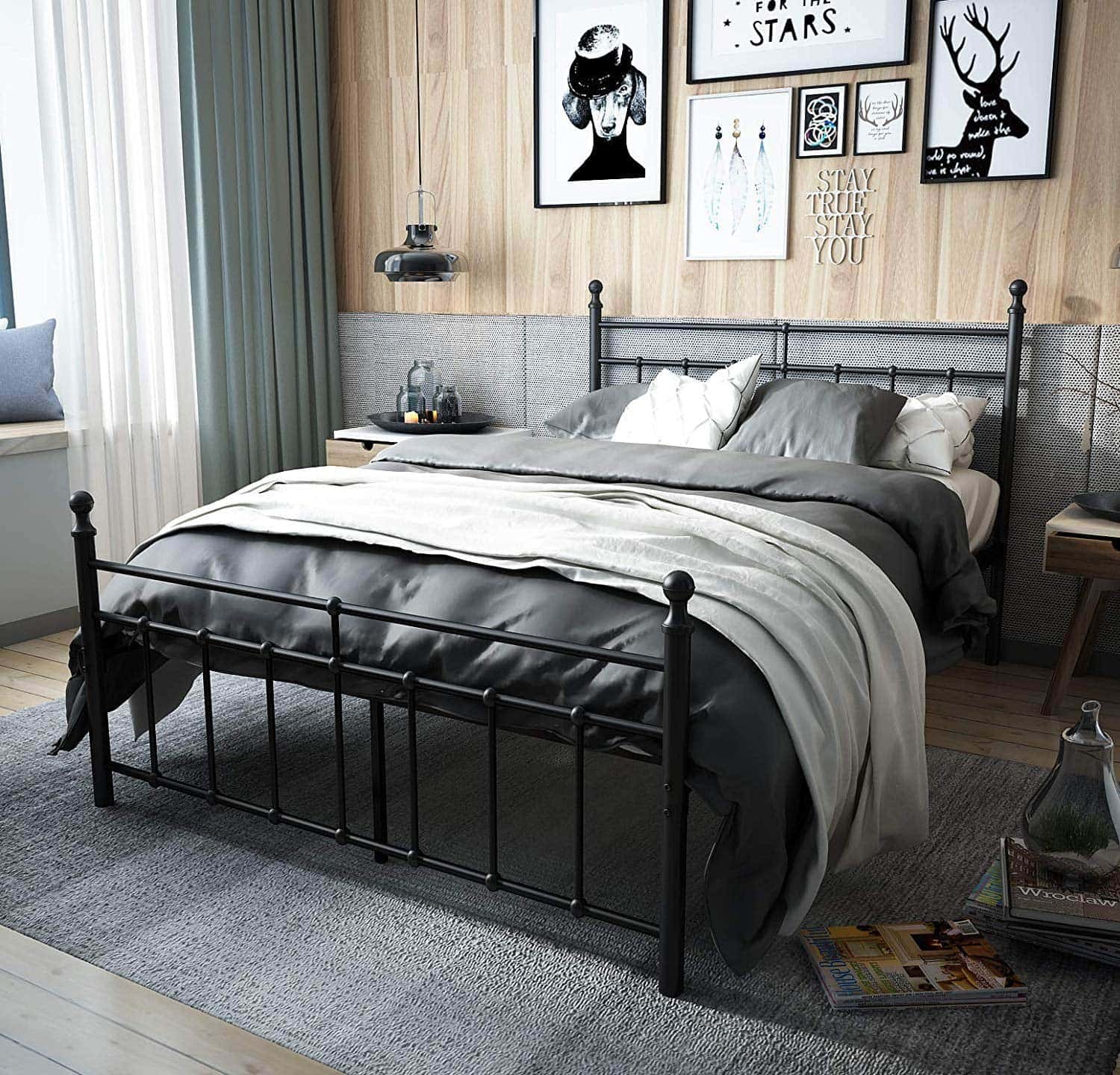 amazon black metal bed frame in masculine bedroom vertical oak wall panels