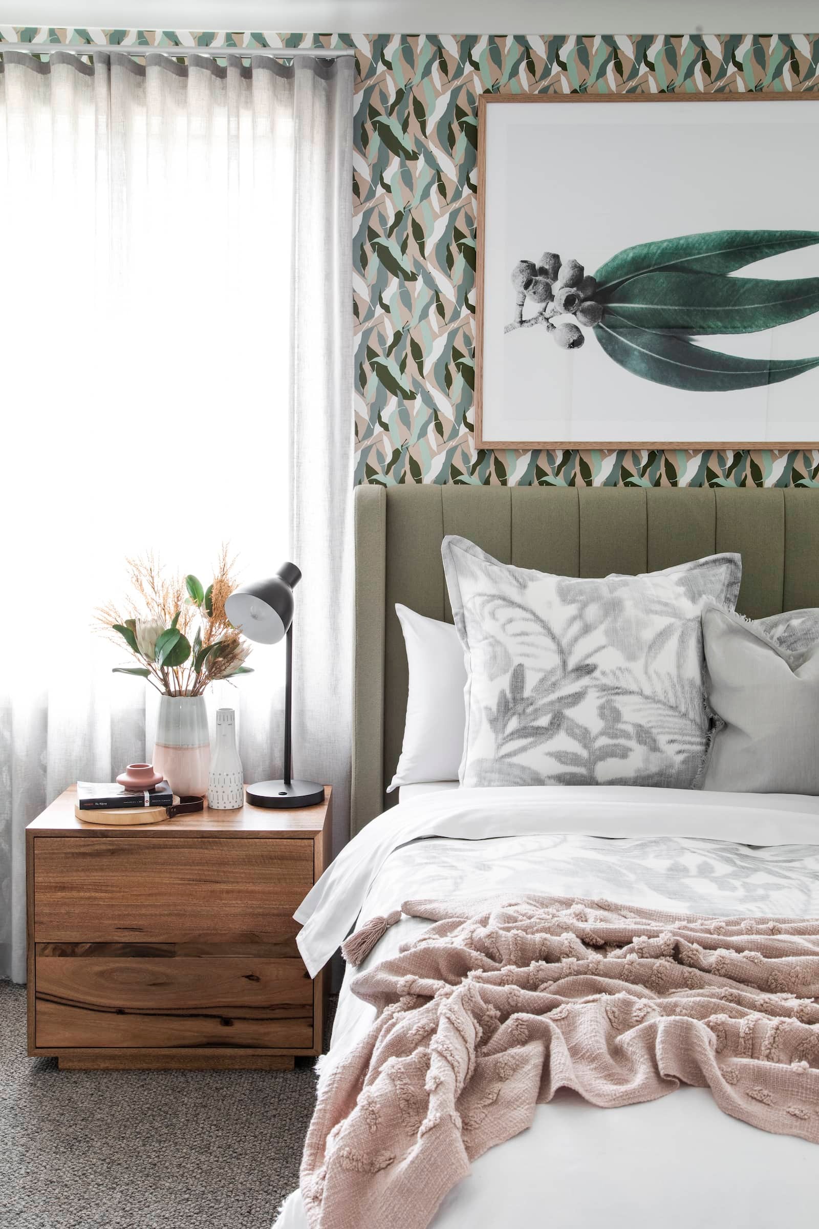 australiana bedroom design with eucalyptus wall art and wallpaper