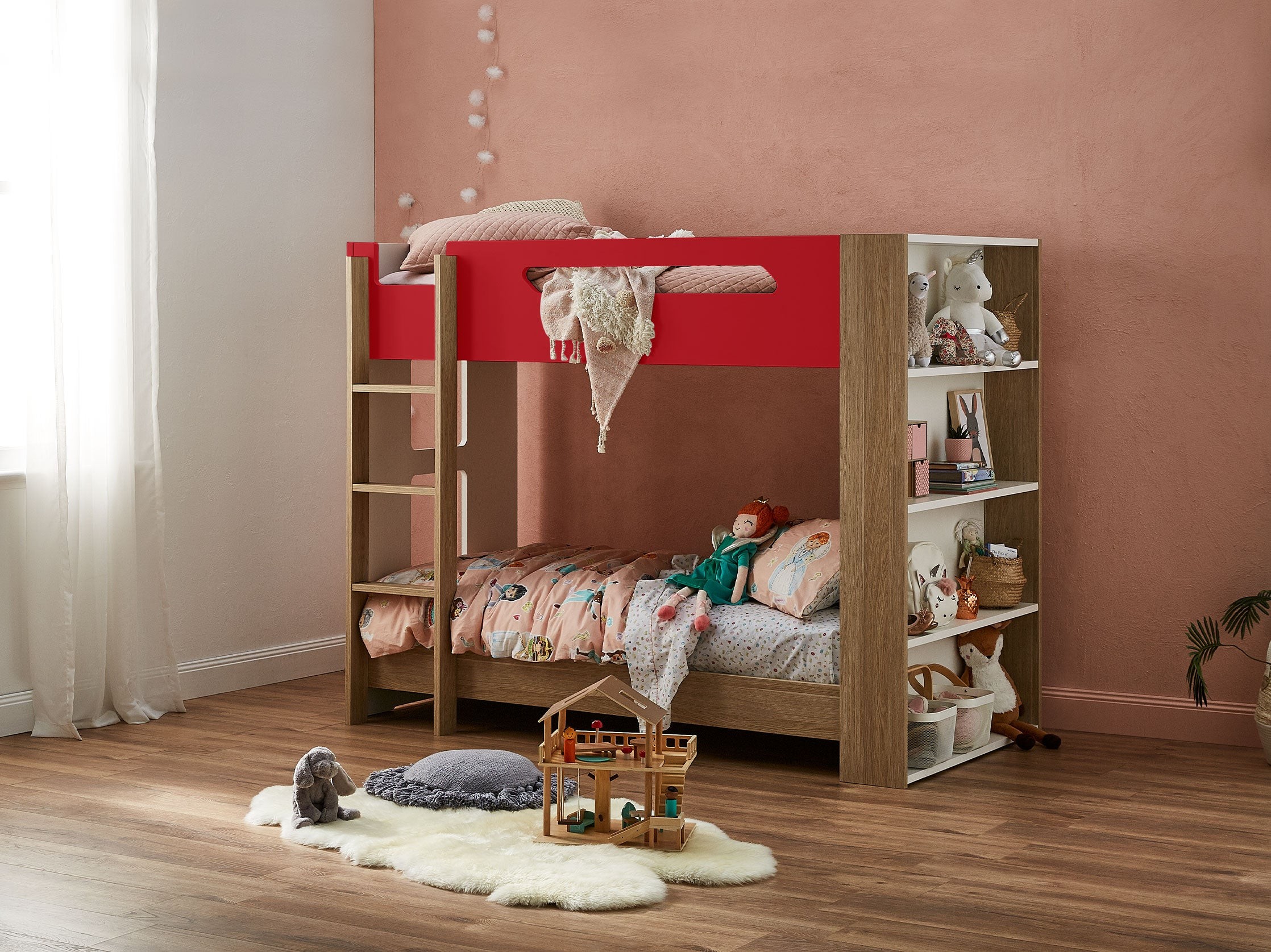bingo bunk bed for kids room snooze red and brown timber