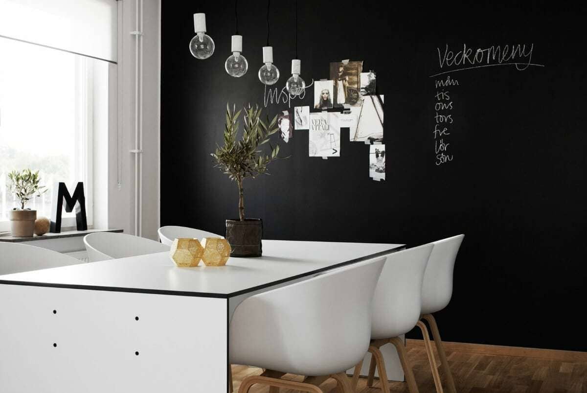 black walls in dining room with white furniture and chalk board paint