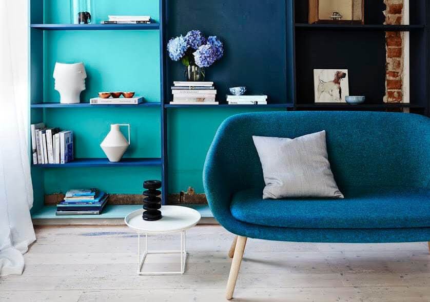 Blue living room ideas - blue sofa and shelf