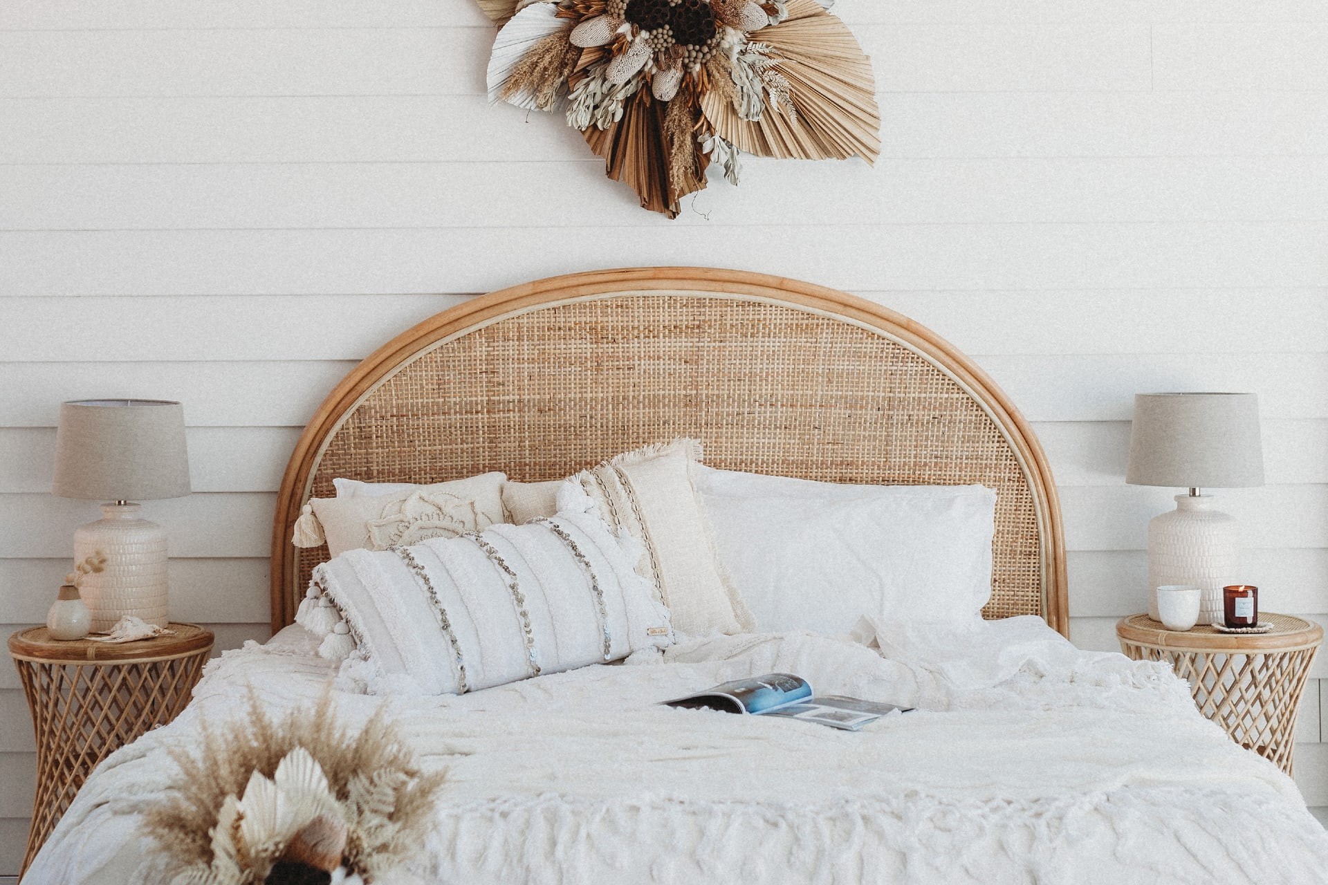boho headboard and throw pillows in bohemian bedroom