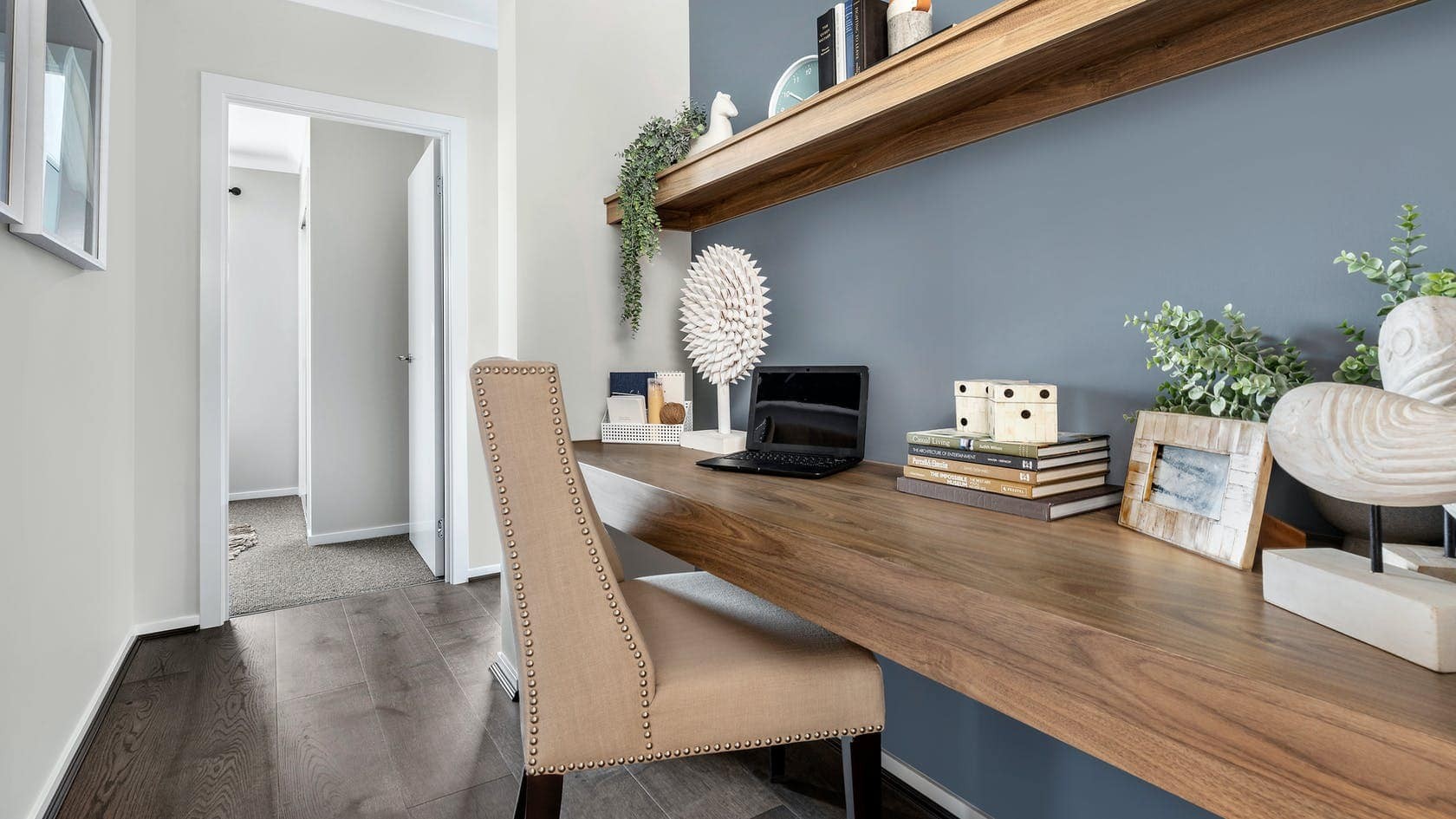 brown timber home office joinery hamptons style with blue wall