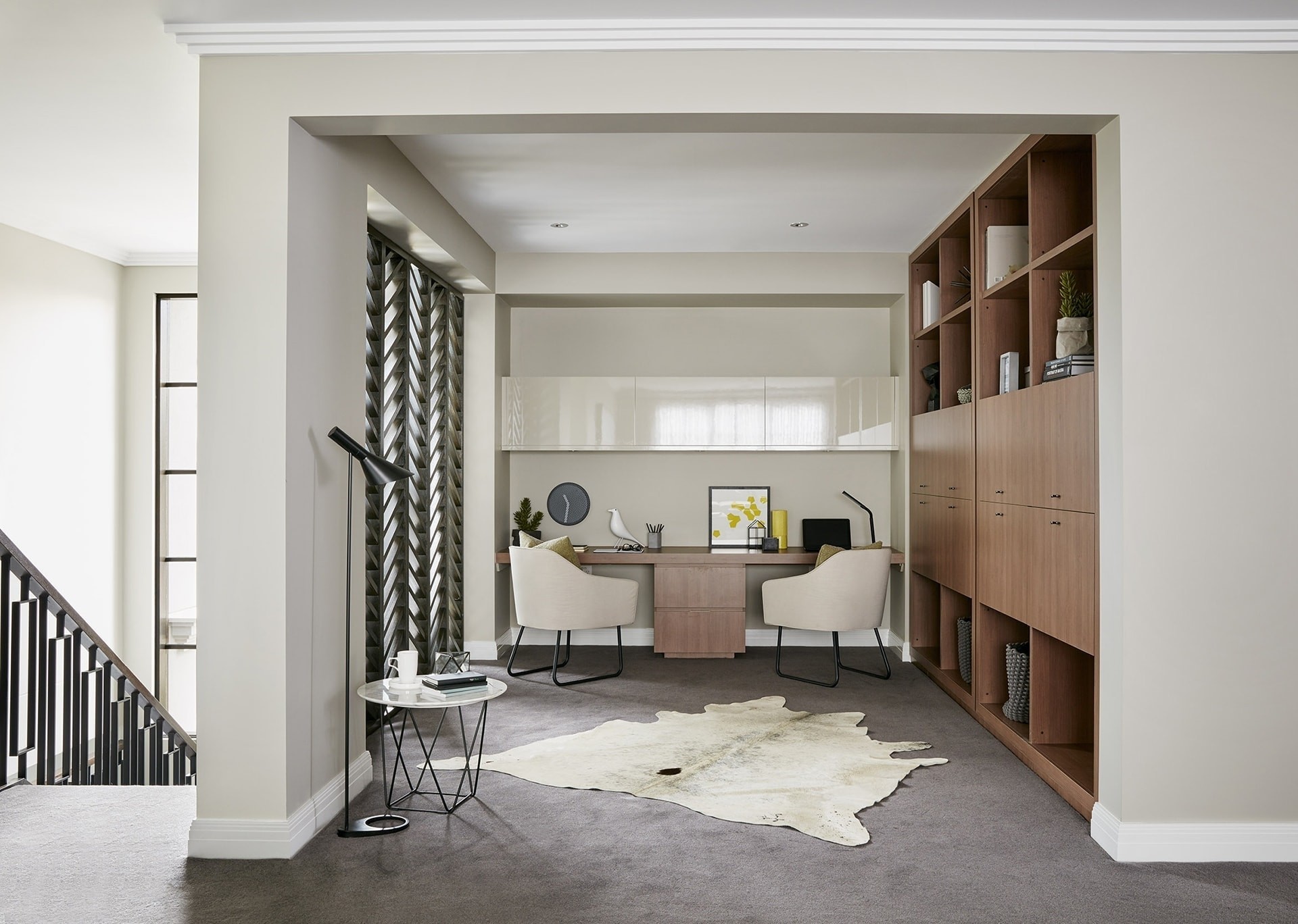 built in study nook in metricon display home office with hide rug