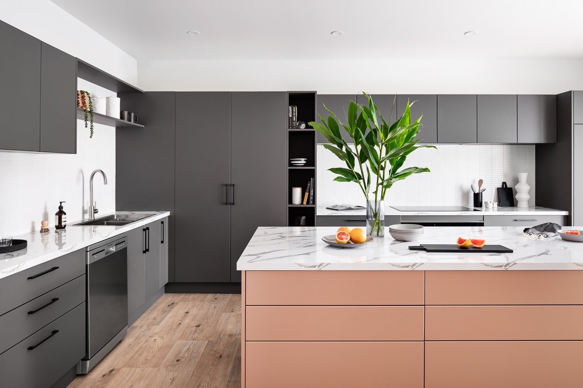 kaboodle kitchen dark grey and pink kitchen cabinets with white tiles