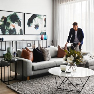 chris carroll melbourne interior designer in client living room with modern luxe design