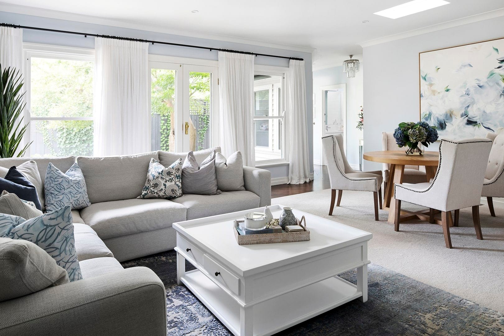 classic hamptons interior design scheme hamptons white square coffee table in light blue living room