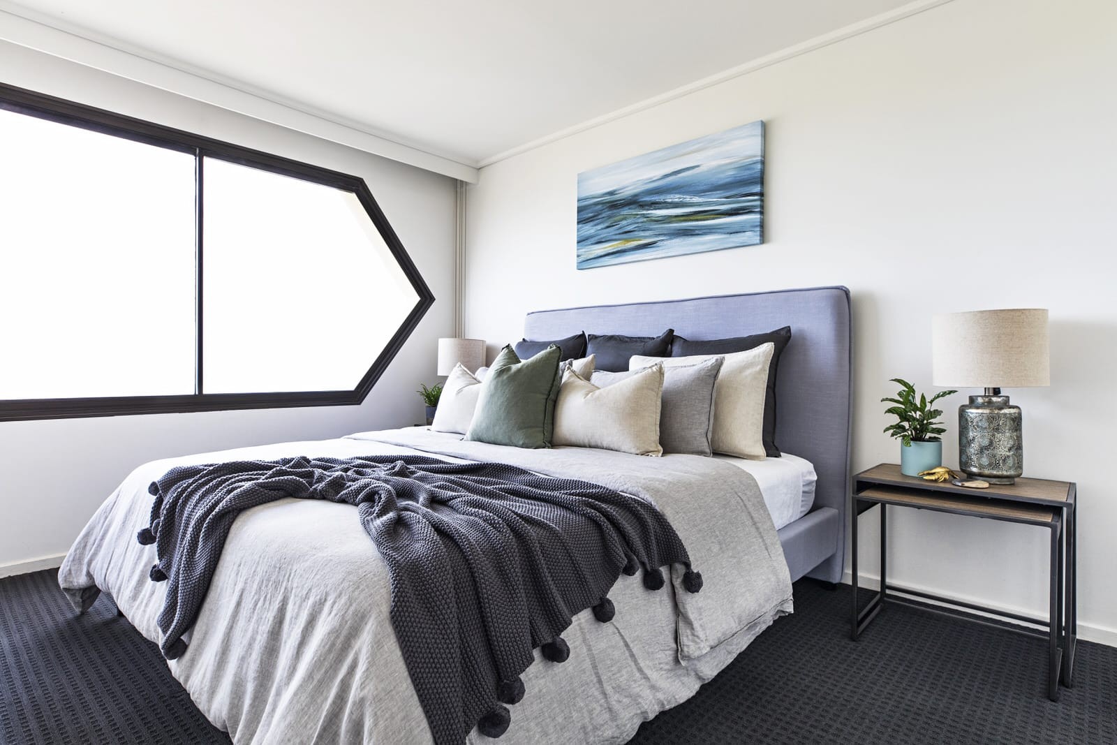 coastal bedroom in st kilda apartment with adairs bed linen in beige and grey