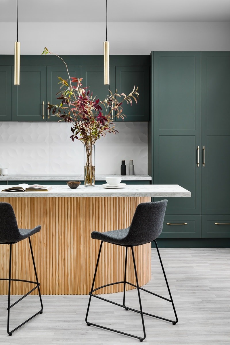 dark green kitchen cabinets kaboodle kitchens with timber perforated island bench