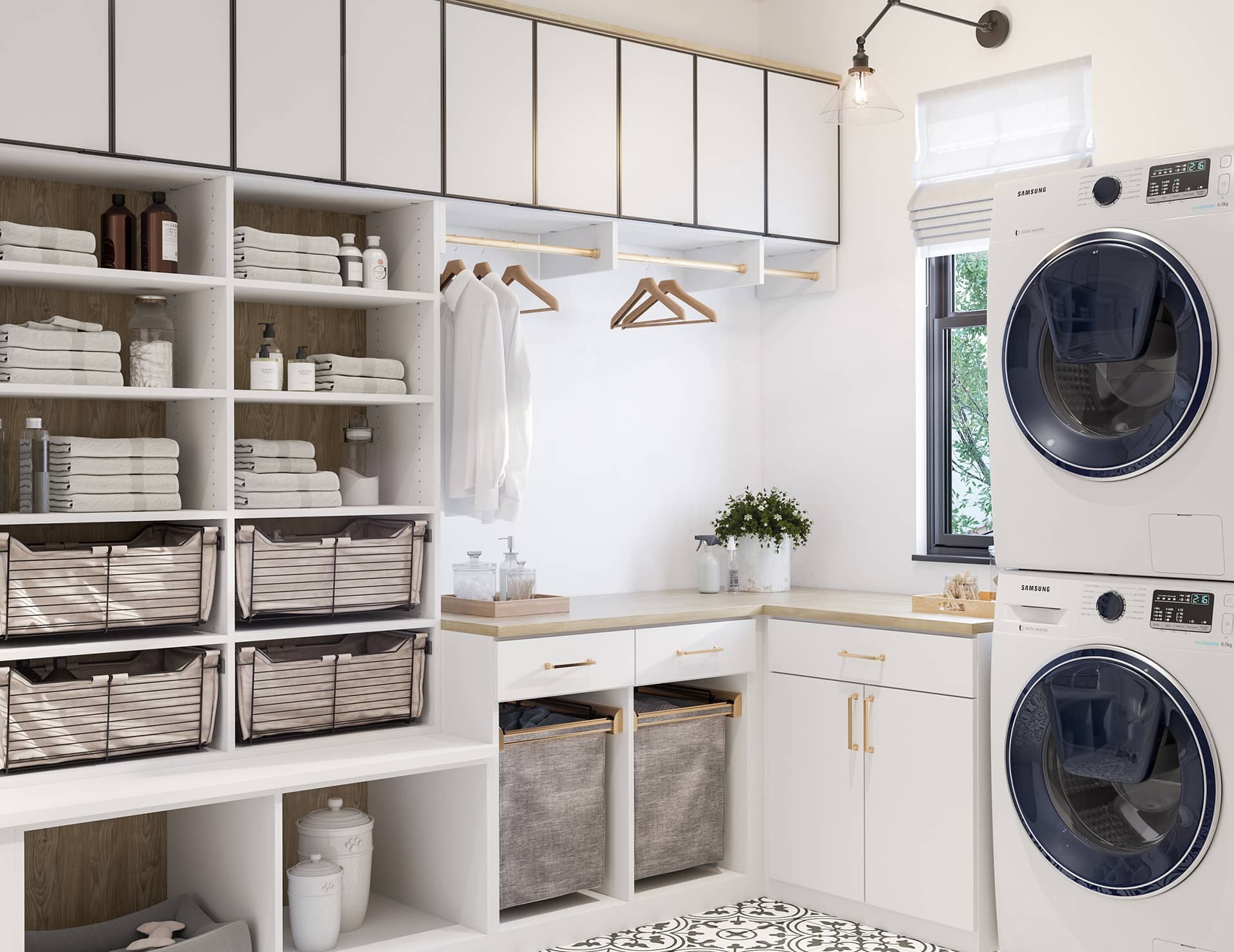 designer laundry room with feature light and tiled floor organised open shelves