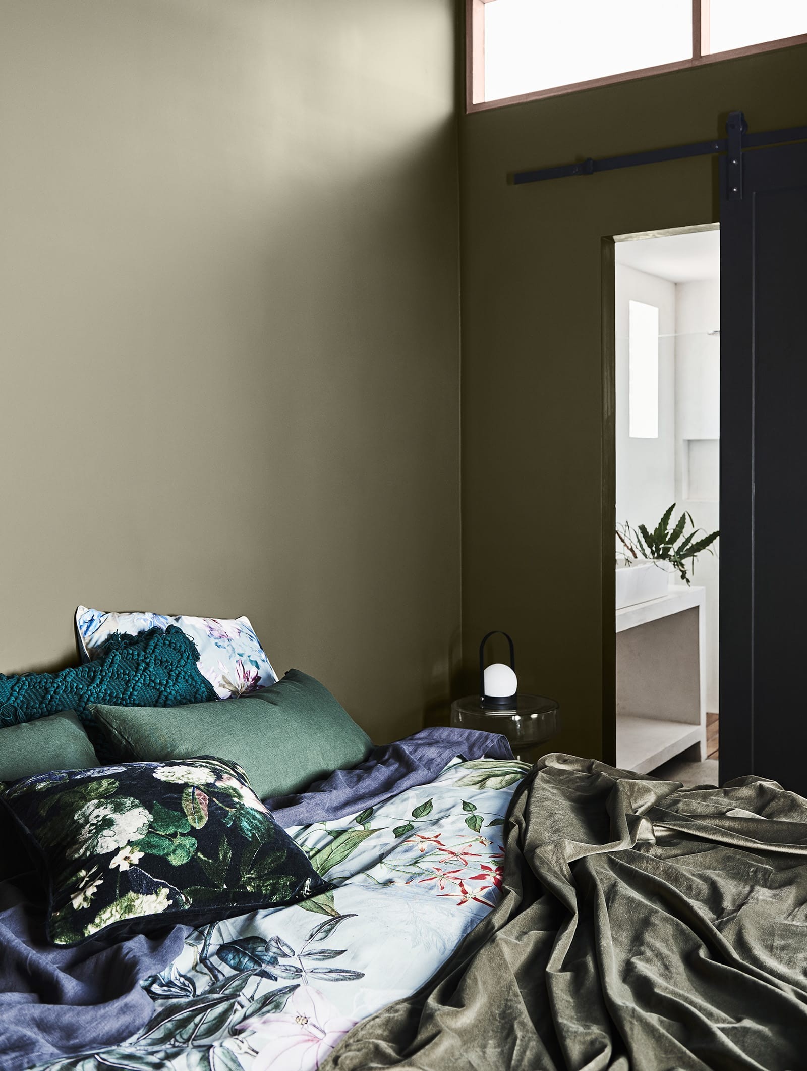 dulux army green bedroom walls with green botanical bedding set