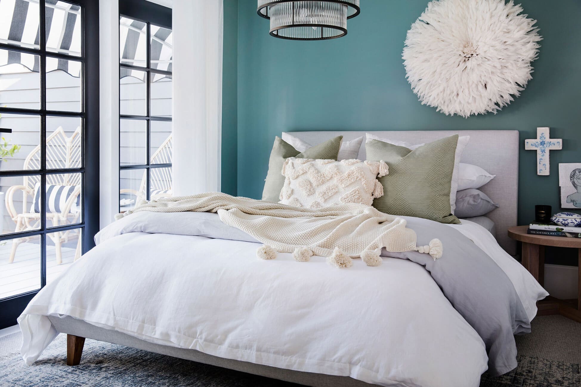 dulux teal green bedroom paint colour and white bedding