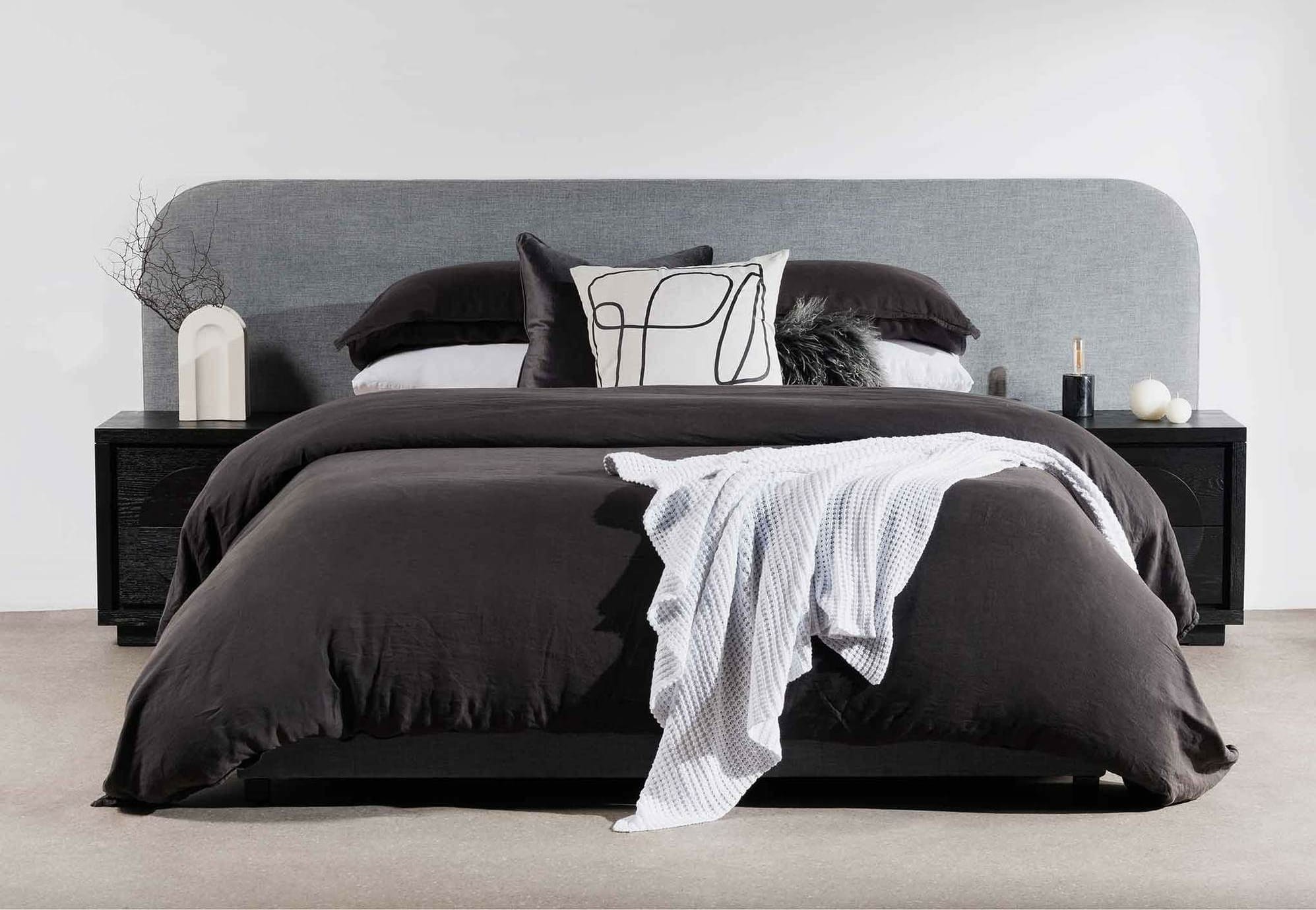 extra wide grey headboard interior secrets black quilt cover set on bed