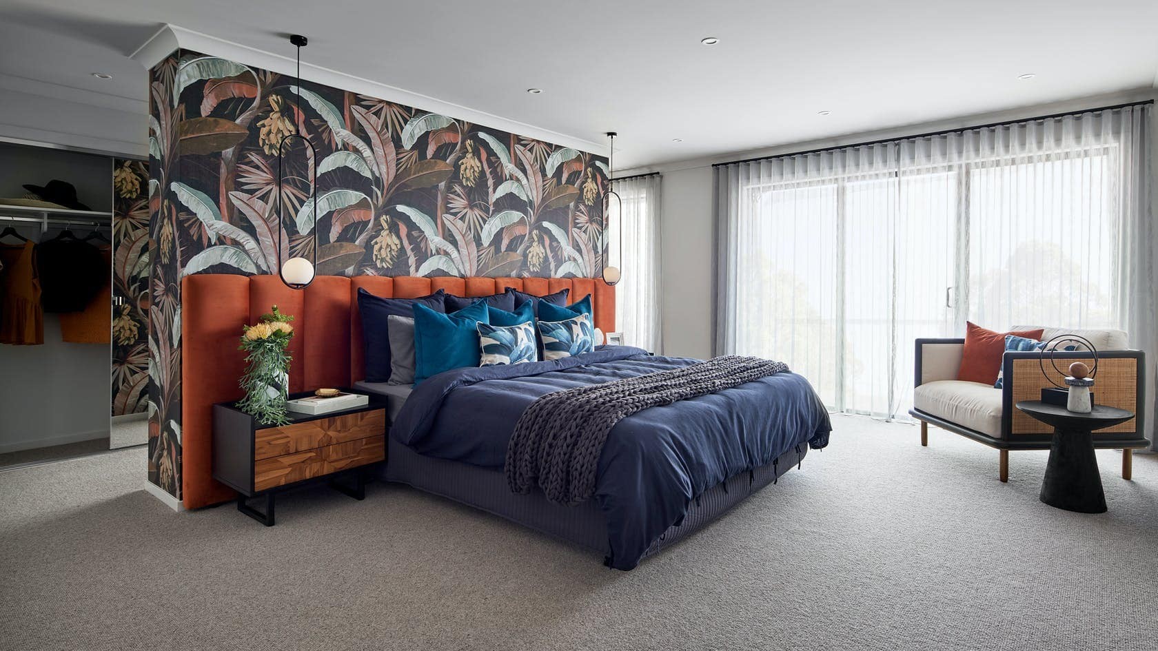 extra wide headboard orange velvet fabric in master bedroom tropical wallpaper