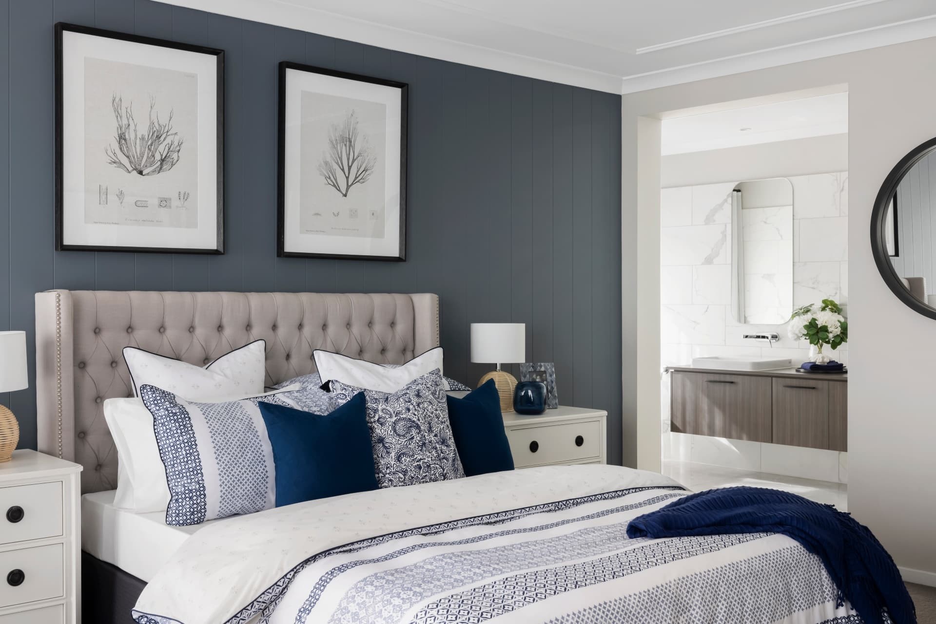 hamptons bedroom design with blue feature wall grey headboard hamptons quilt cover set