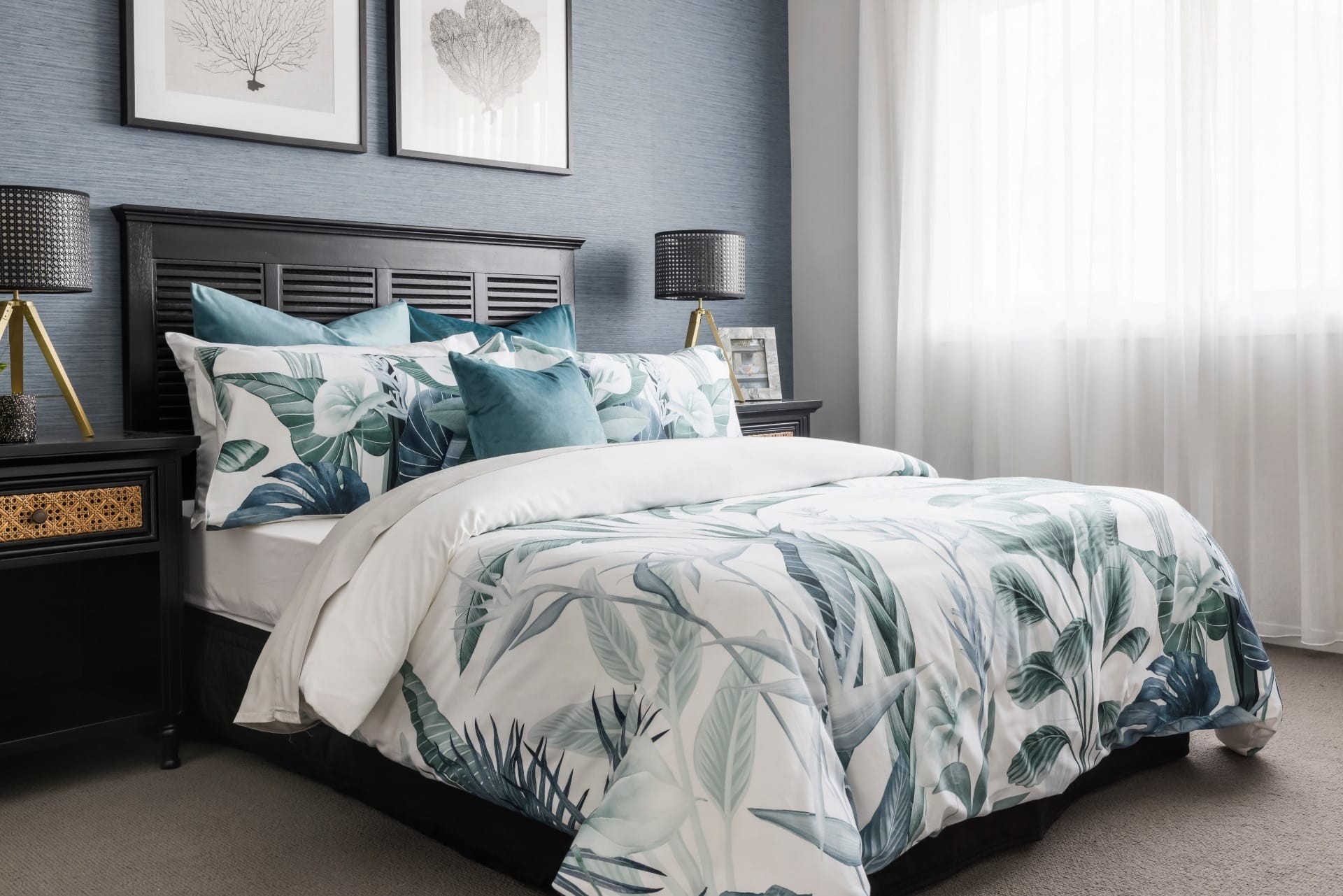 hamptons bedroom styling blue grasscloth wallpaper and black timber slat bed