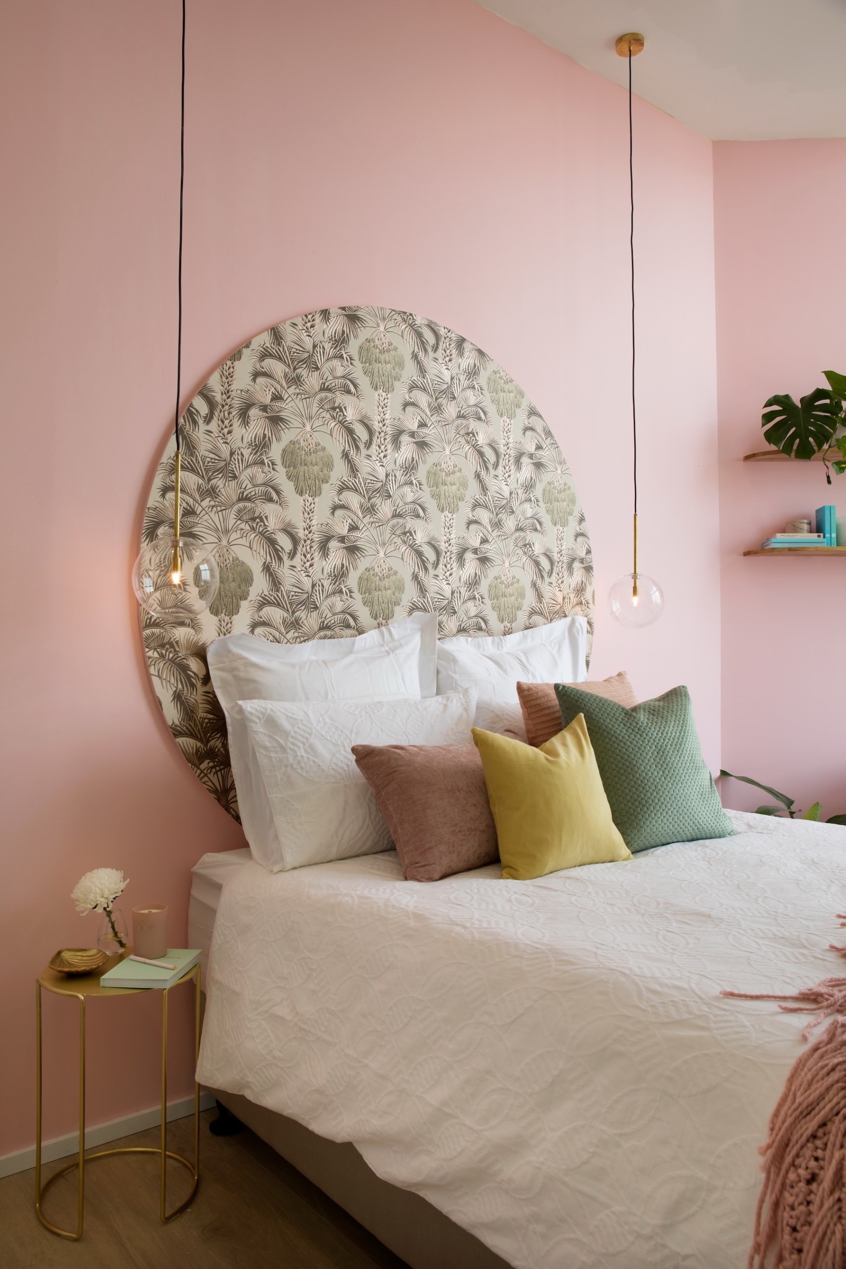 house rules 2020 penthouse reveal pink guest bedroom with brass bedside tables
