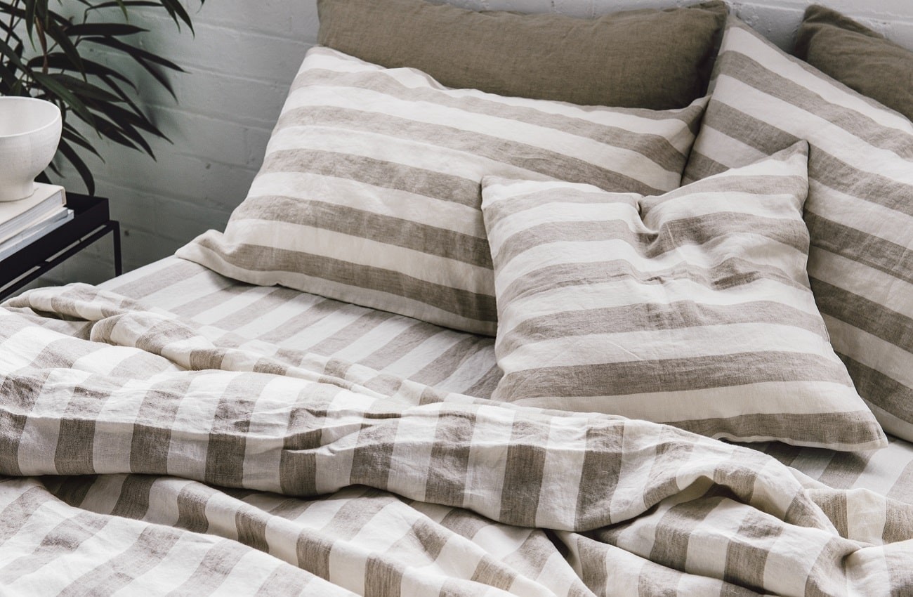 i love linen grey and white stripe rustic bedding