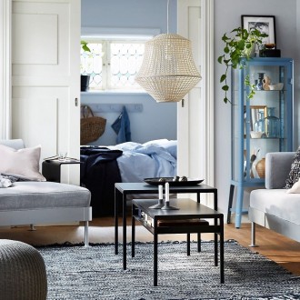 ikea living room styling with armchair and blue walls