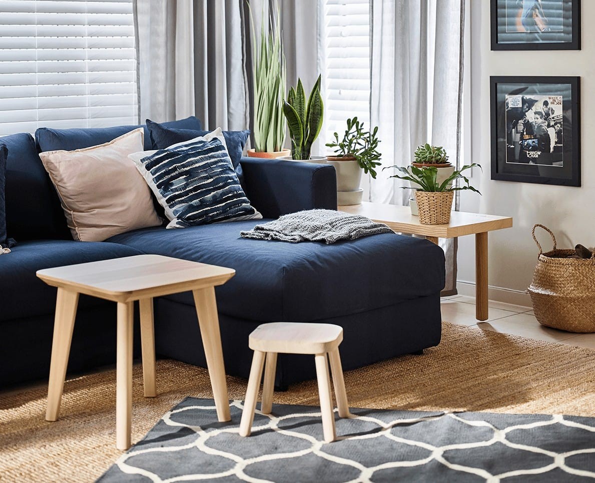 ikea navy blue sofa in living room