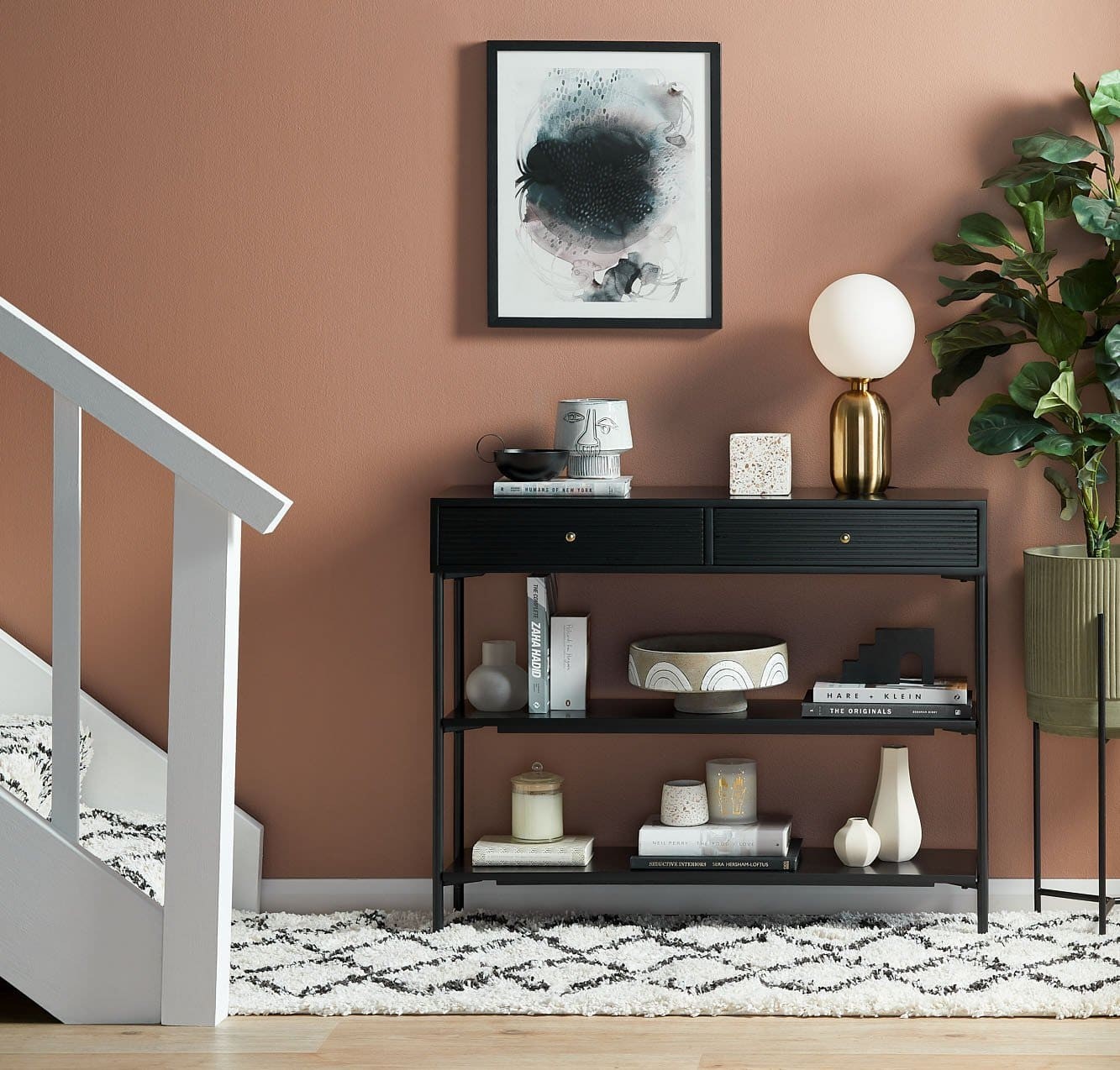 immy small black console with drawers and shelves for small entry hallway