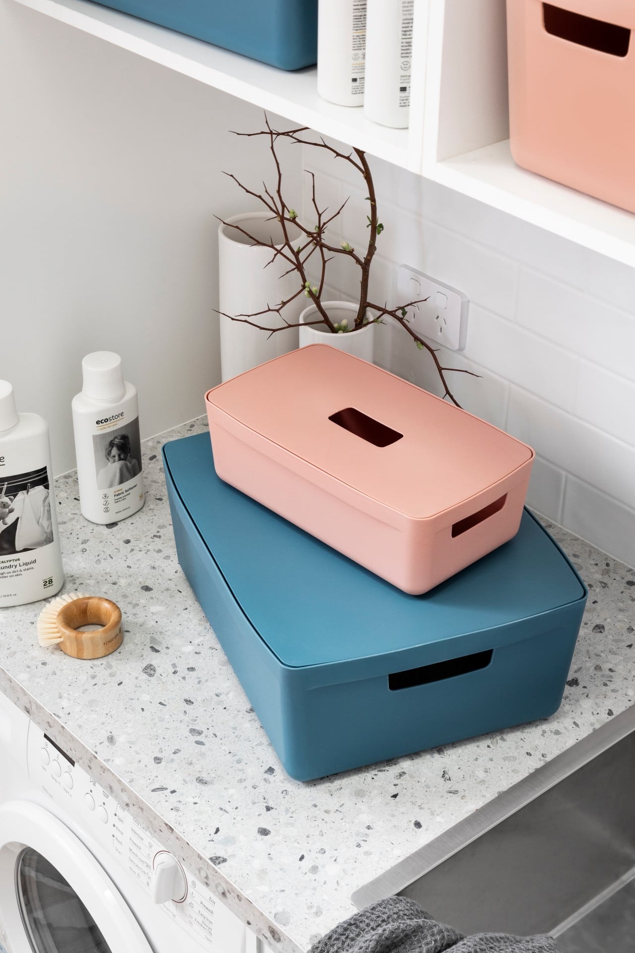 inabox pink and blue storage boxes for home organisation laundry