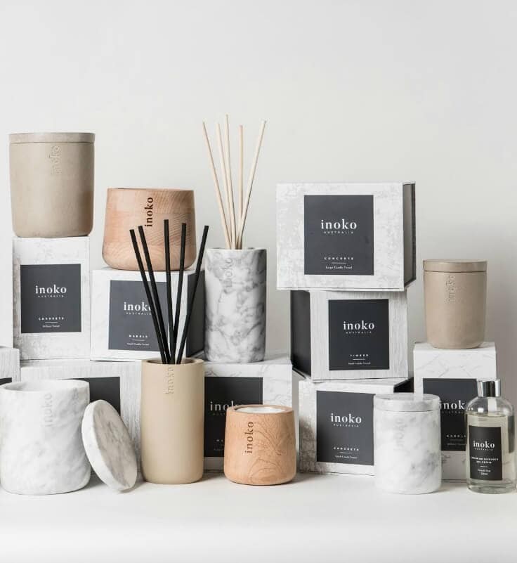 inoko marble and timber candle vessels with diffusers