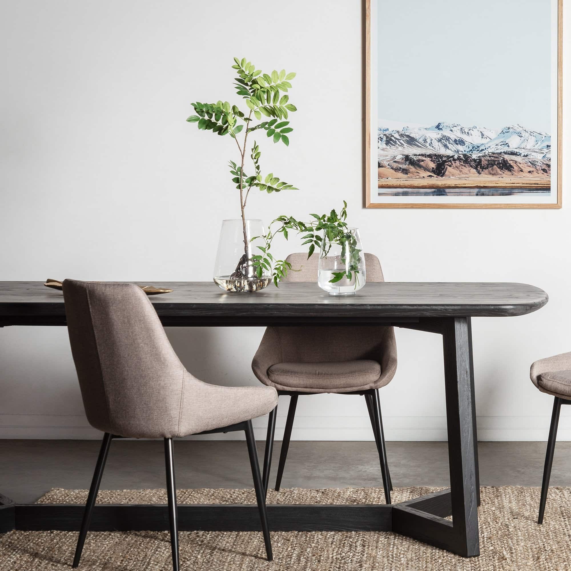 interior secrets massey dining table dark timber table with grey upholstered chairs