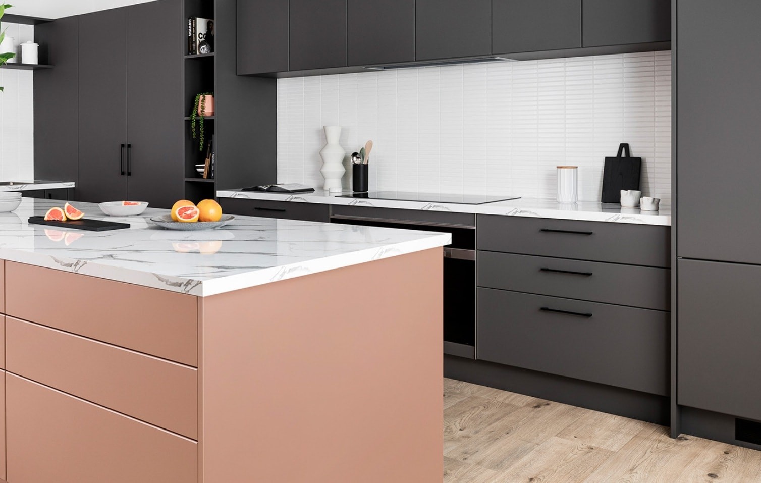 kaboodle kitchen dark grey and pink kitchen cabinets with white tiles