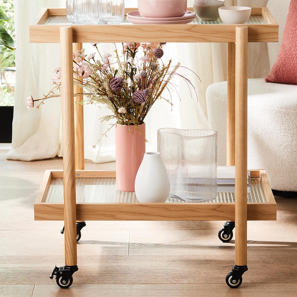 kmart glass fluted drinks trolley with pink vase