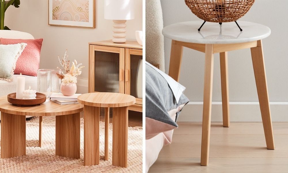 kmart round timber side table and round marble top side table