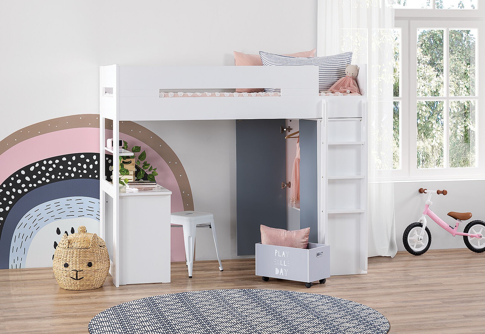 kodi kids bunk bed with wardrobe underneath in white amart furniture