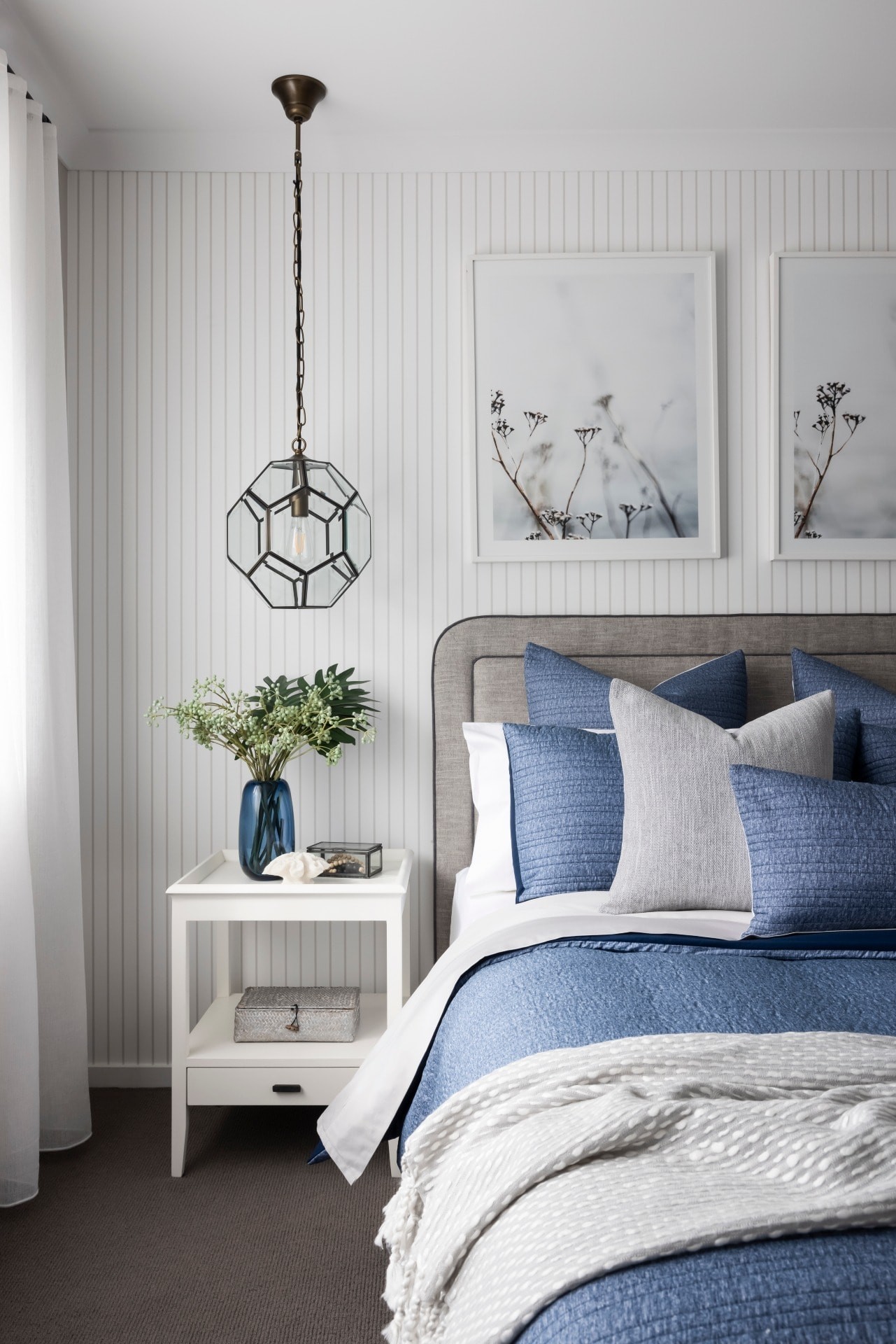 light blue and white hamptons bedroom design stripe wallpaper hamptons bedside table