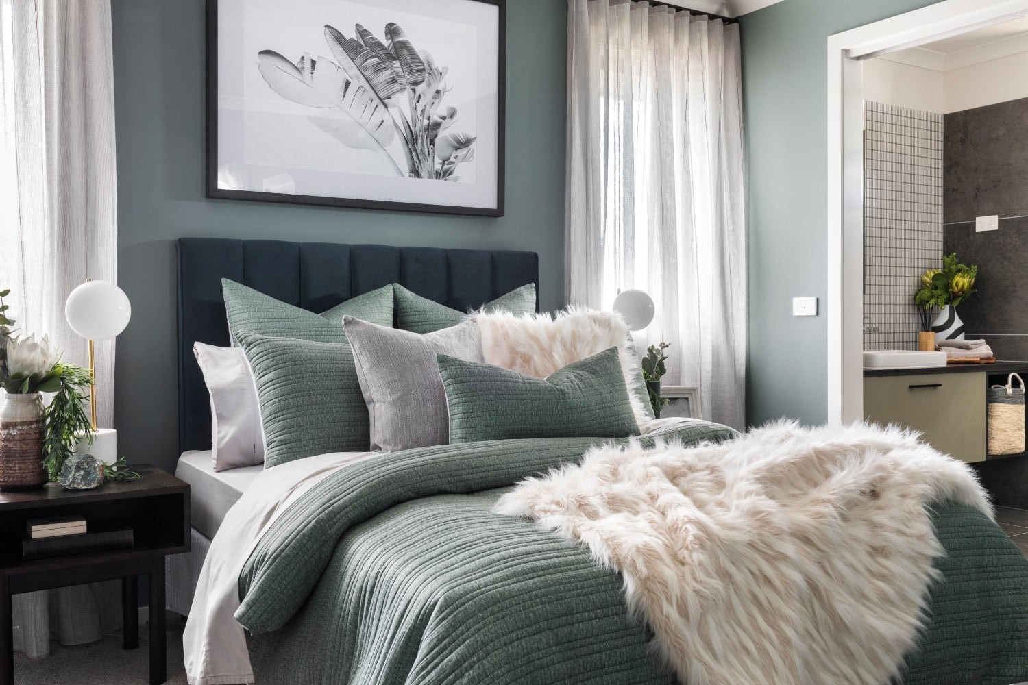 lorraine lea winter bedroom styling dark sage green quilt cover set in teal bedroom sheer curtains
