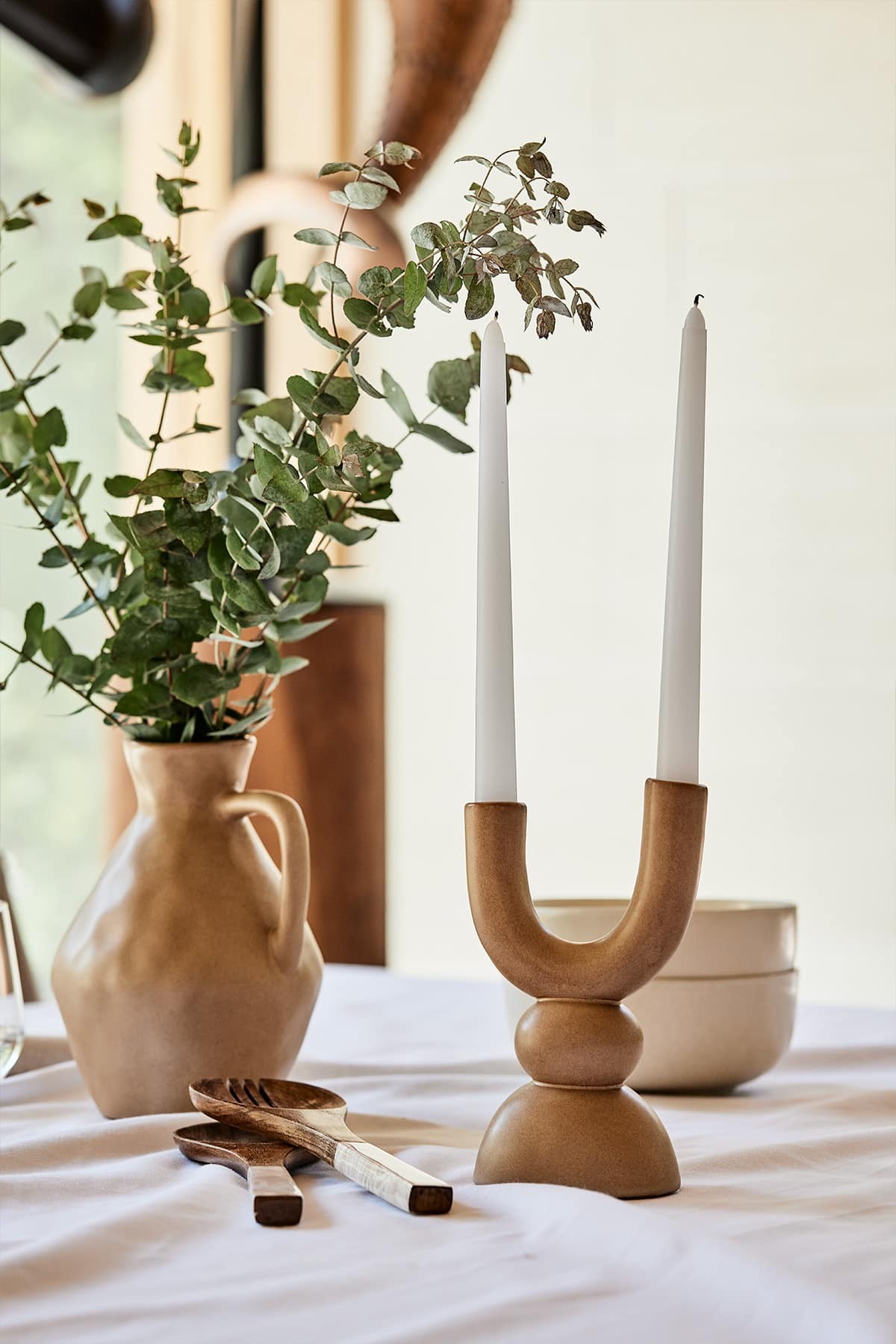 madras link double timber candle stick holder designer candle holder on table