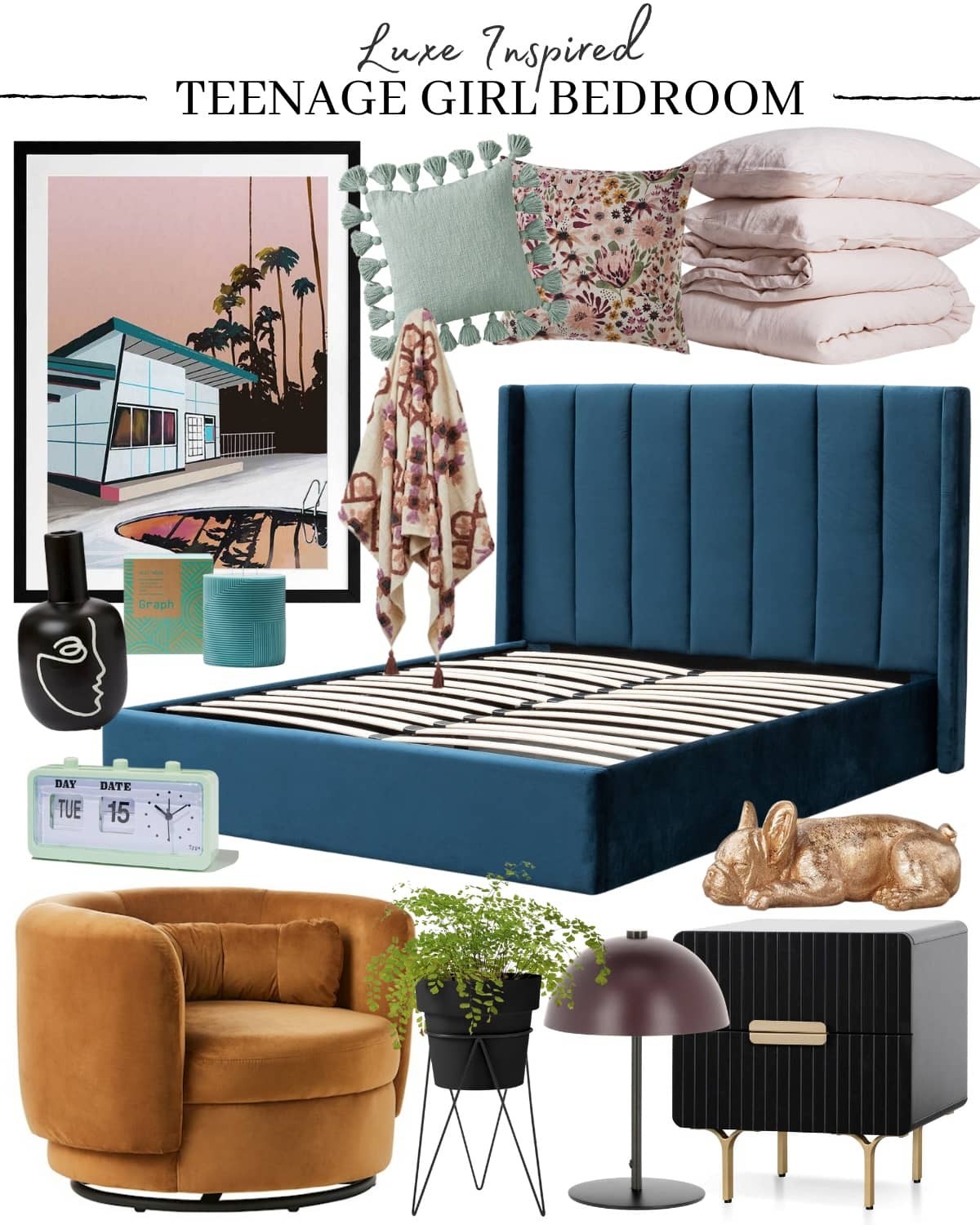 mature teenage girl bedroom mood board luxe bedroom blue velvet bed