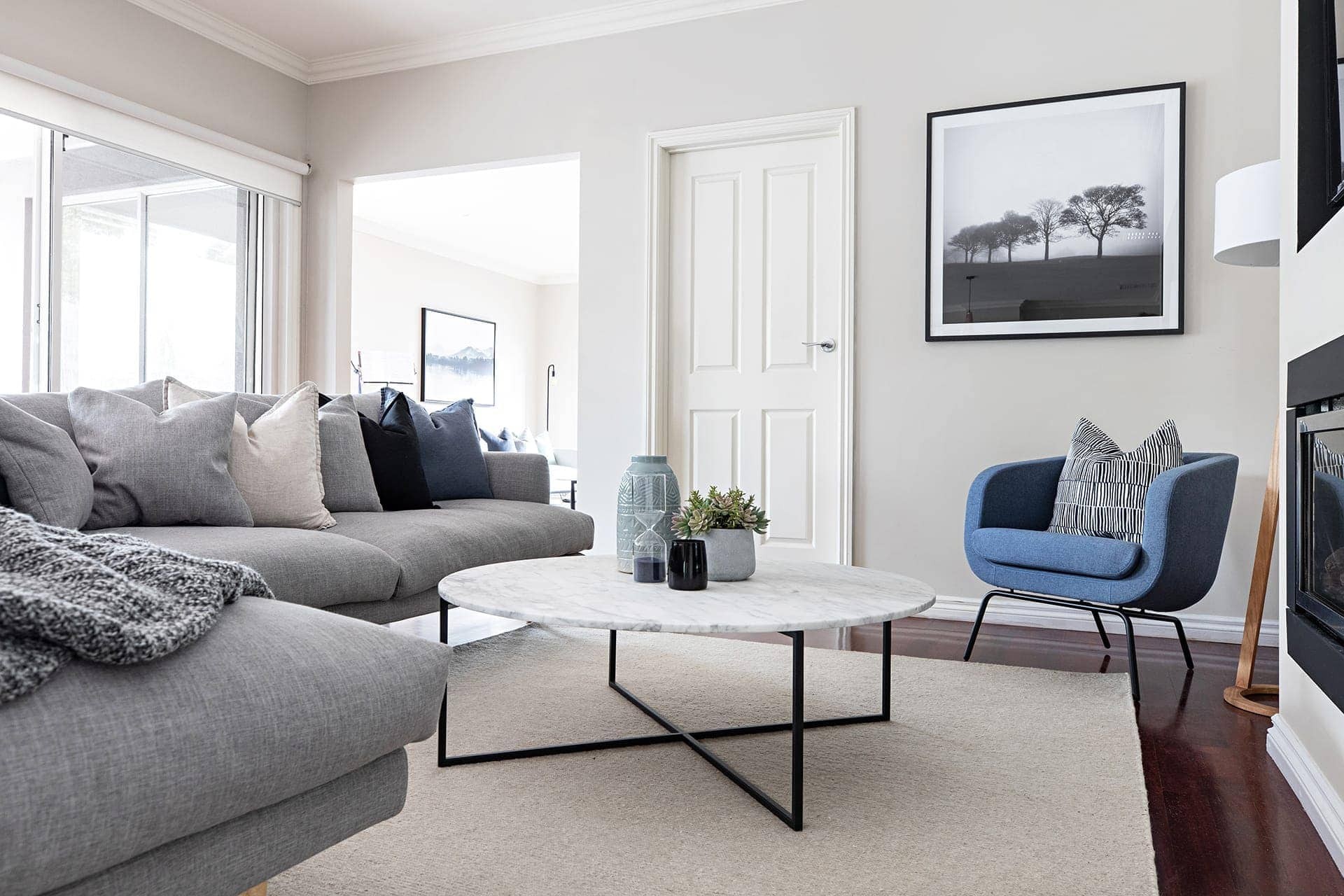 melbourne interior designer scandi living room blue grey sofa by tlc interiors
