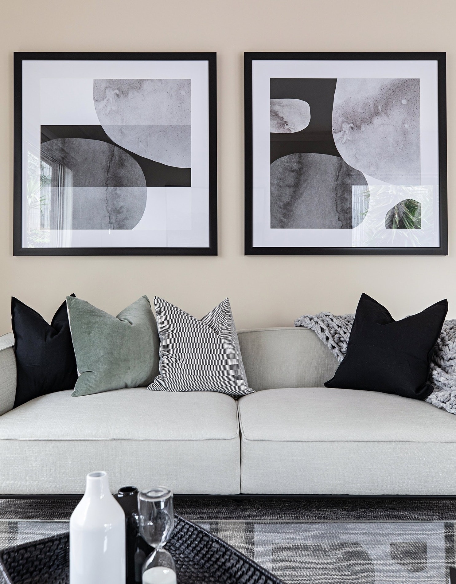 melbourne interior designer tlc interiors scandi living room design with grey sofa and black art