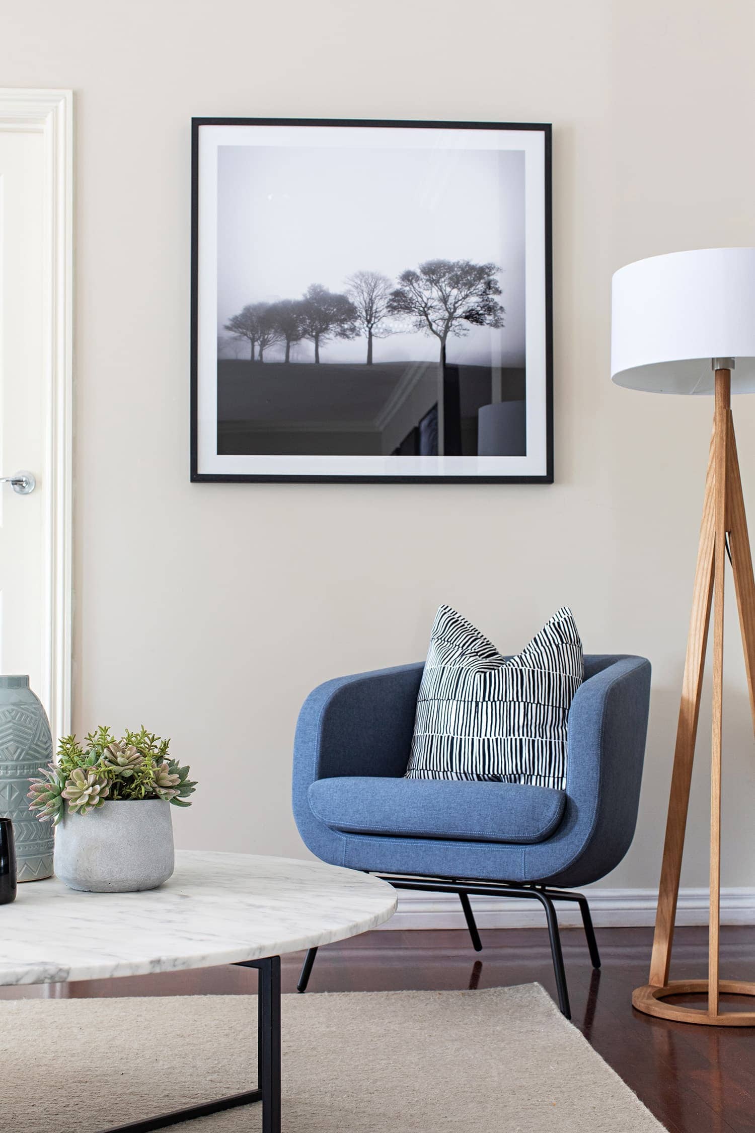 melbourne interior designer tlc interiors scandinavian living room design with blue velvet tub chair