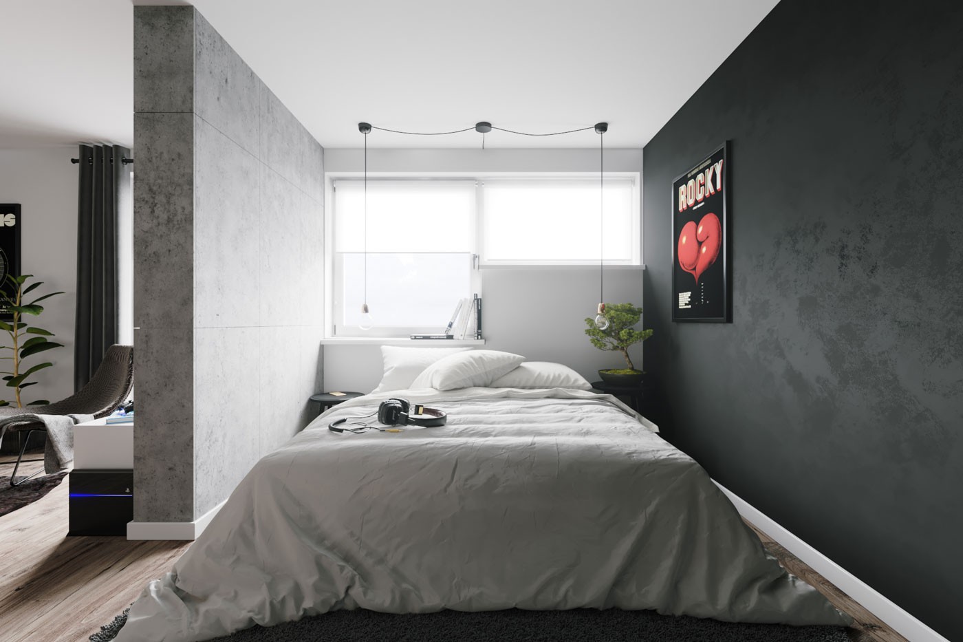mens bedroom with concrete feature wall and vintage rocky poster