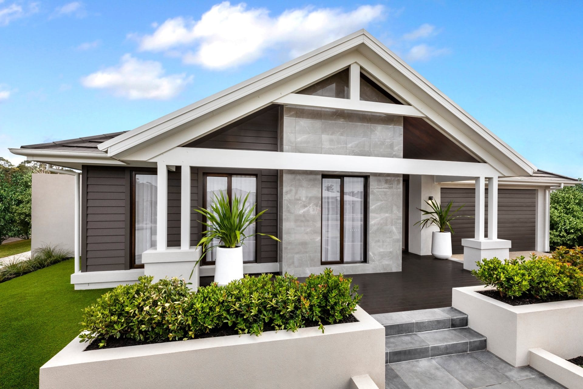 metricon botanica modern home facade design brown grey and white home exterior colours