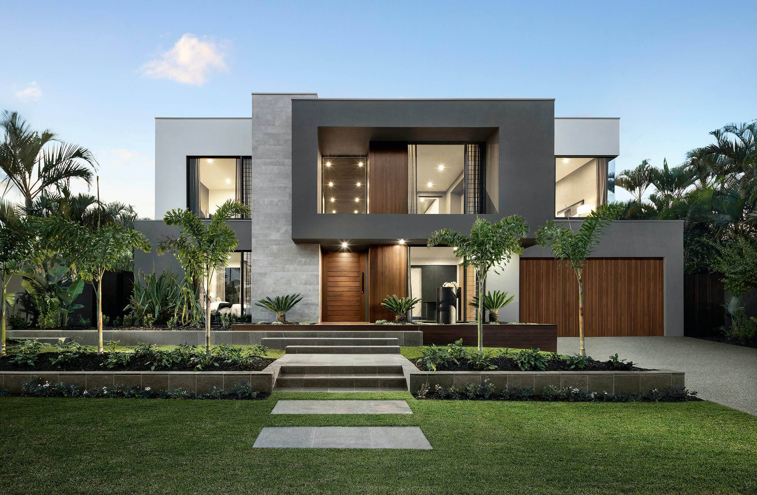 metricon riviera show home dark neutral interior design grey modern home facade