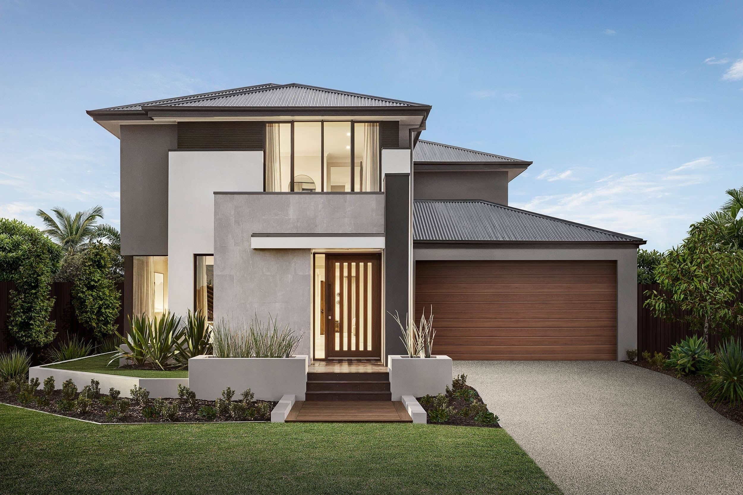 metricon savannah modern home facade design brown and grey exterior colours