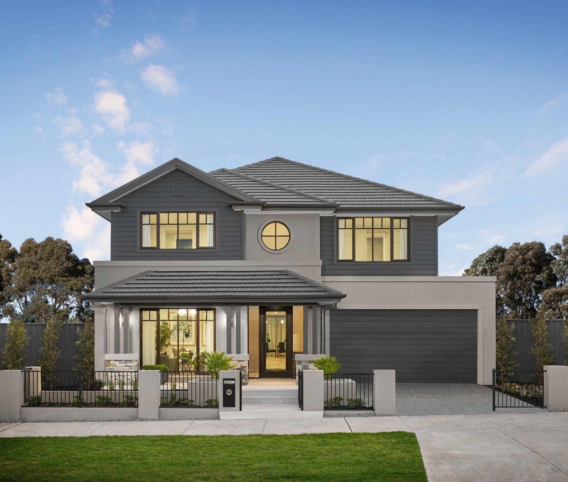 metricon soverign modern home facade design grey home exterior render and cladding