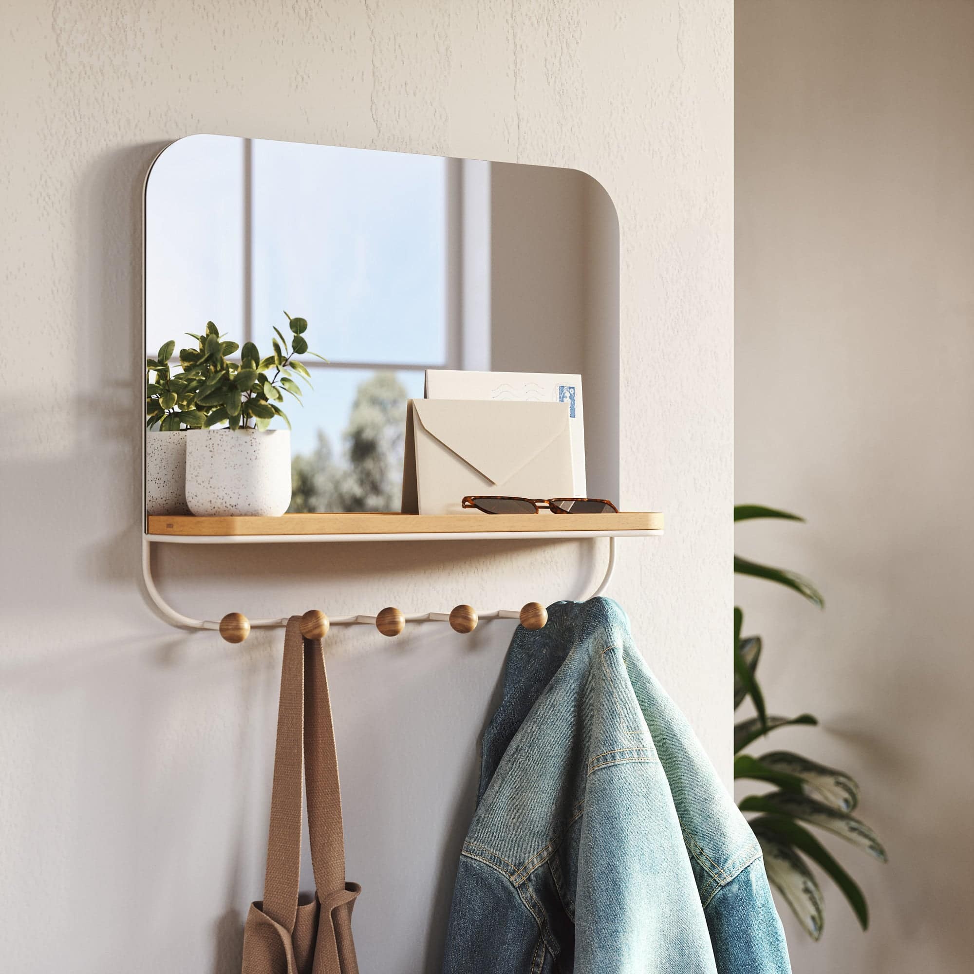 mirror and wall hook storage system for small entry hallway