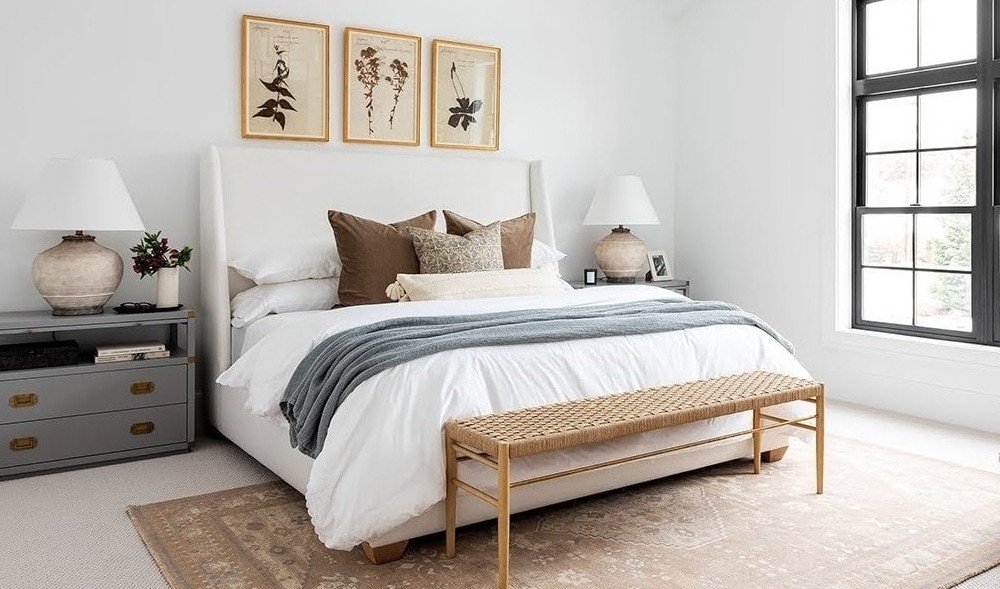 neutral bedroom with black frame windows white walls studio mcgee