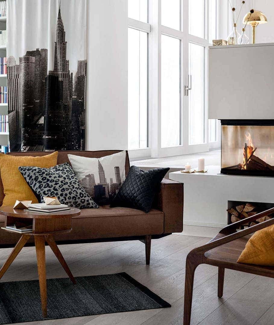 New York Loft Apartment Ideas Brown leather sofa mustard cushions