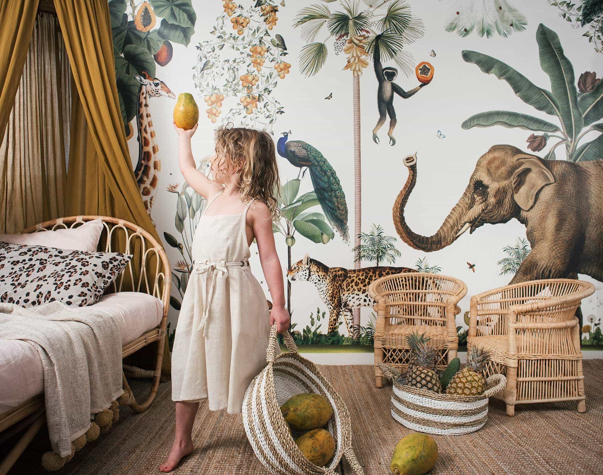 raja home rattan kids furniture bohemian kids bedroom with tropical wallpaper