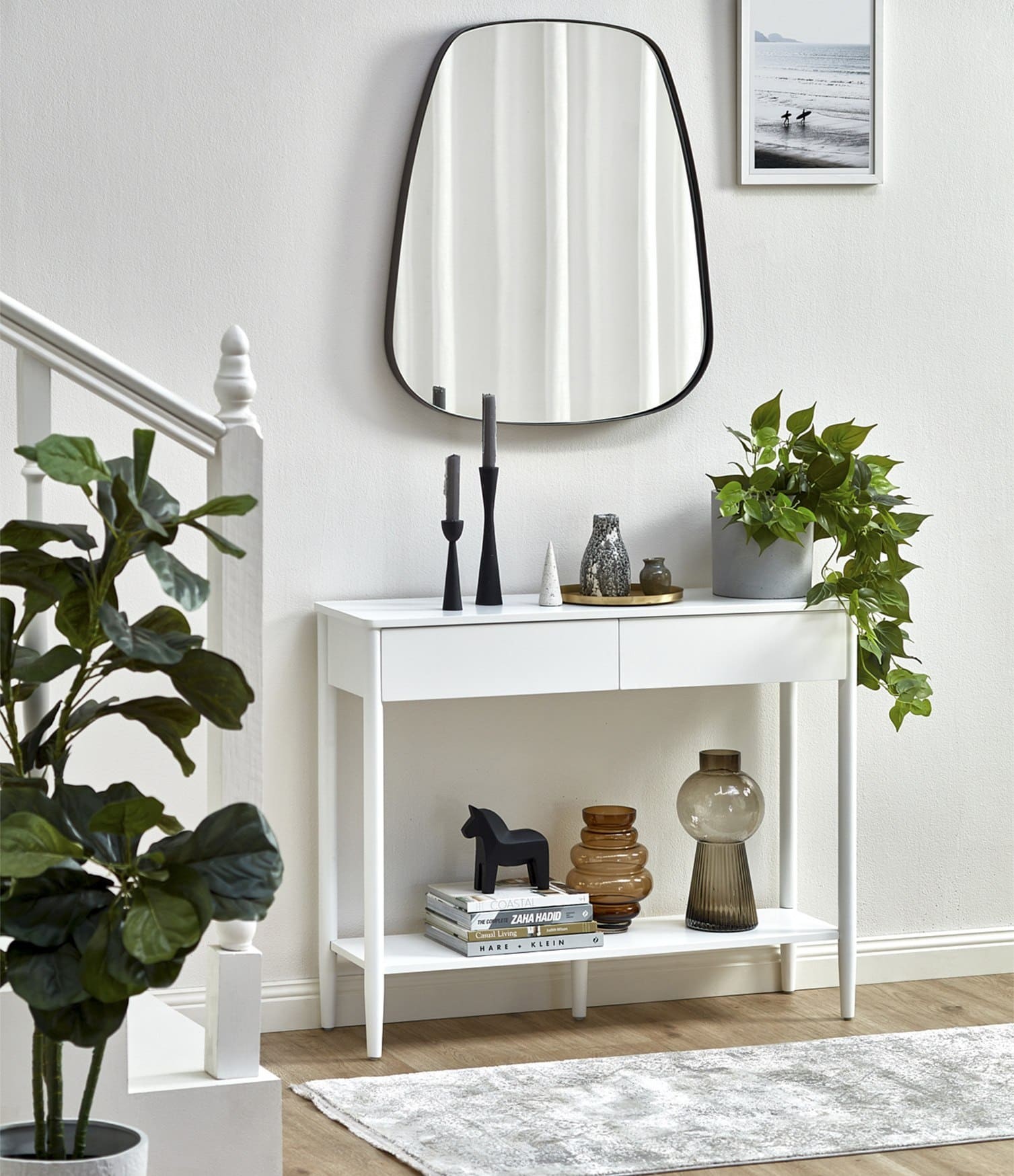 roby small white console table with two drawers for small entryway hallway